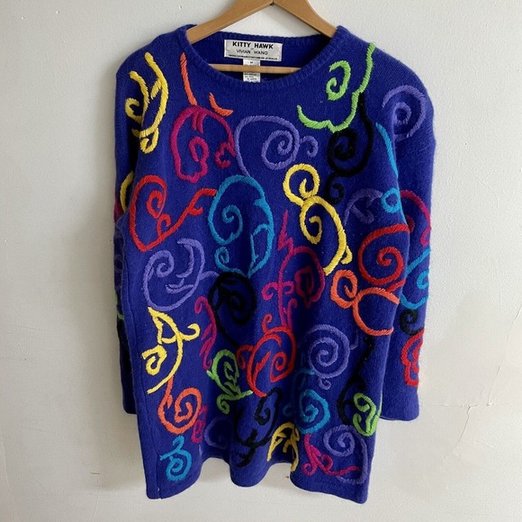 Vintage 80's Sweater Med Kitty Hawk Vivian Wang Wool Blend Purple Vivid Swirl - Picture 1 of 12